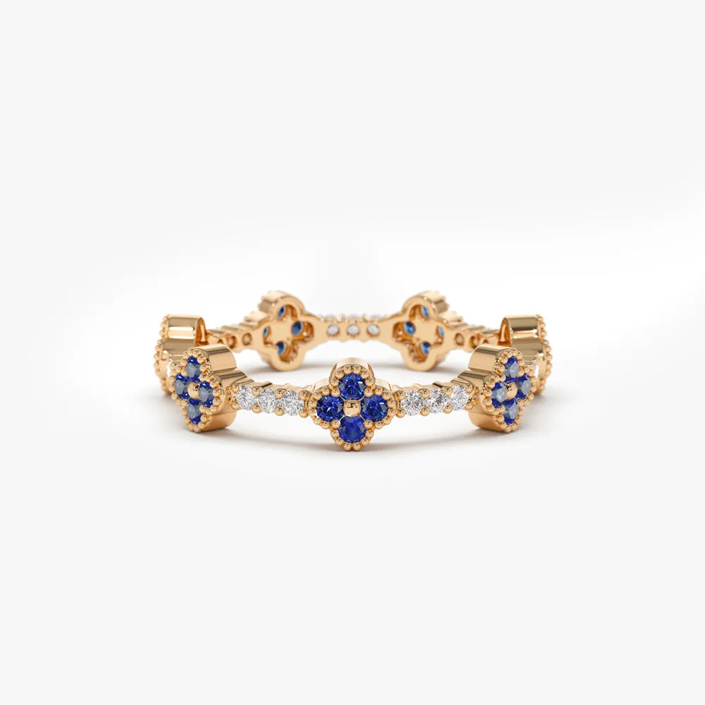 14k Full Eternity Clover Sapphire and Diamond Ring