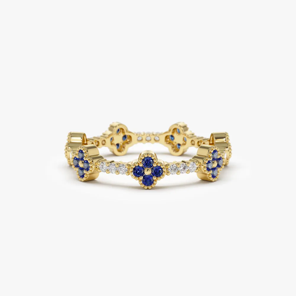 14k Full Eternity Clover Sapphire and Diamond Ring