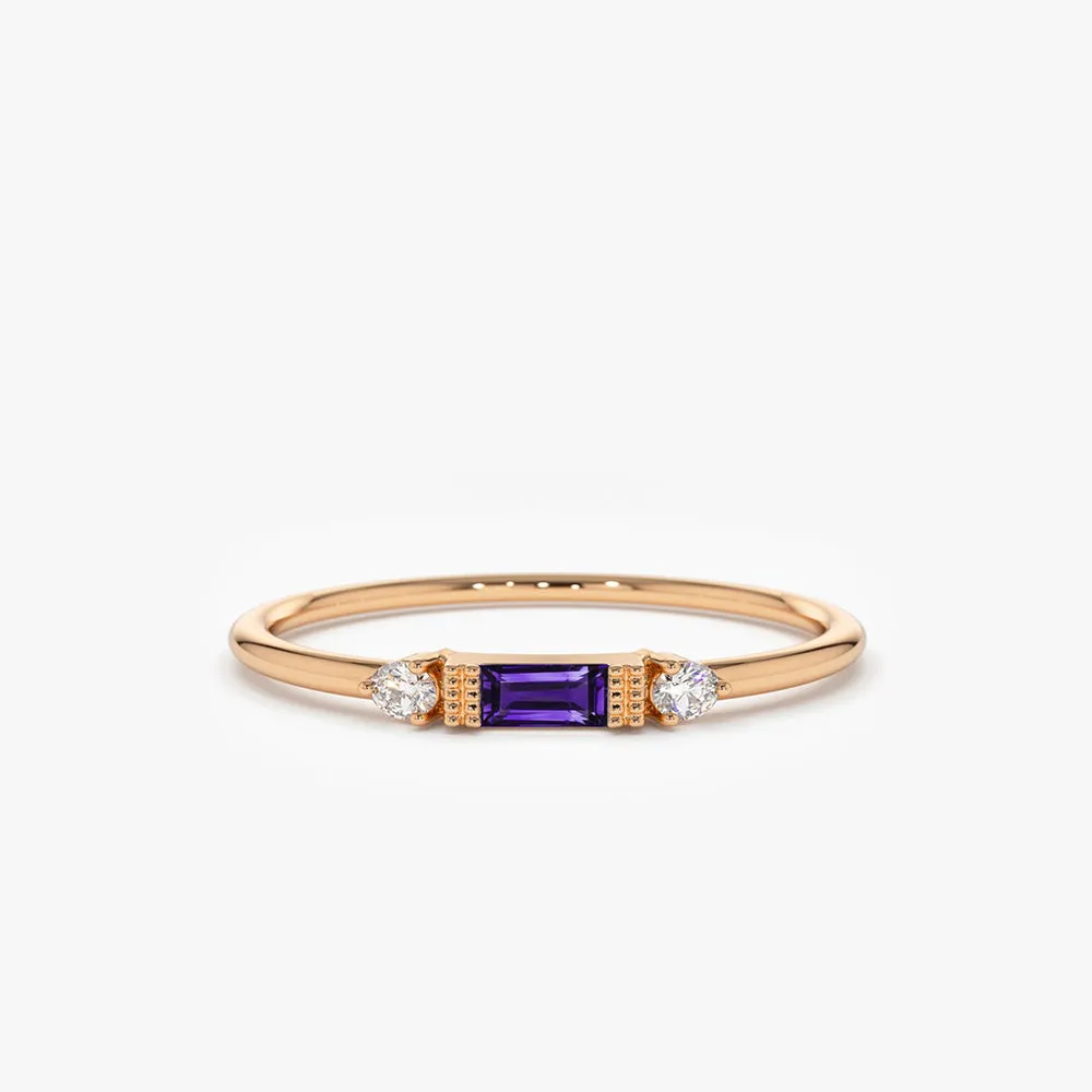 14K Gold Baguette Amethyst With Diamond Ring