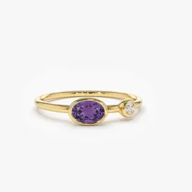 14K Gold Oval Shape Amethyst and Diamond Ring