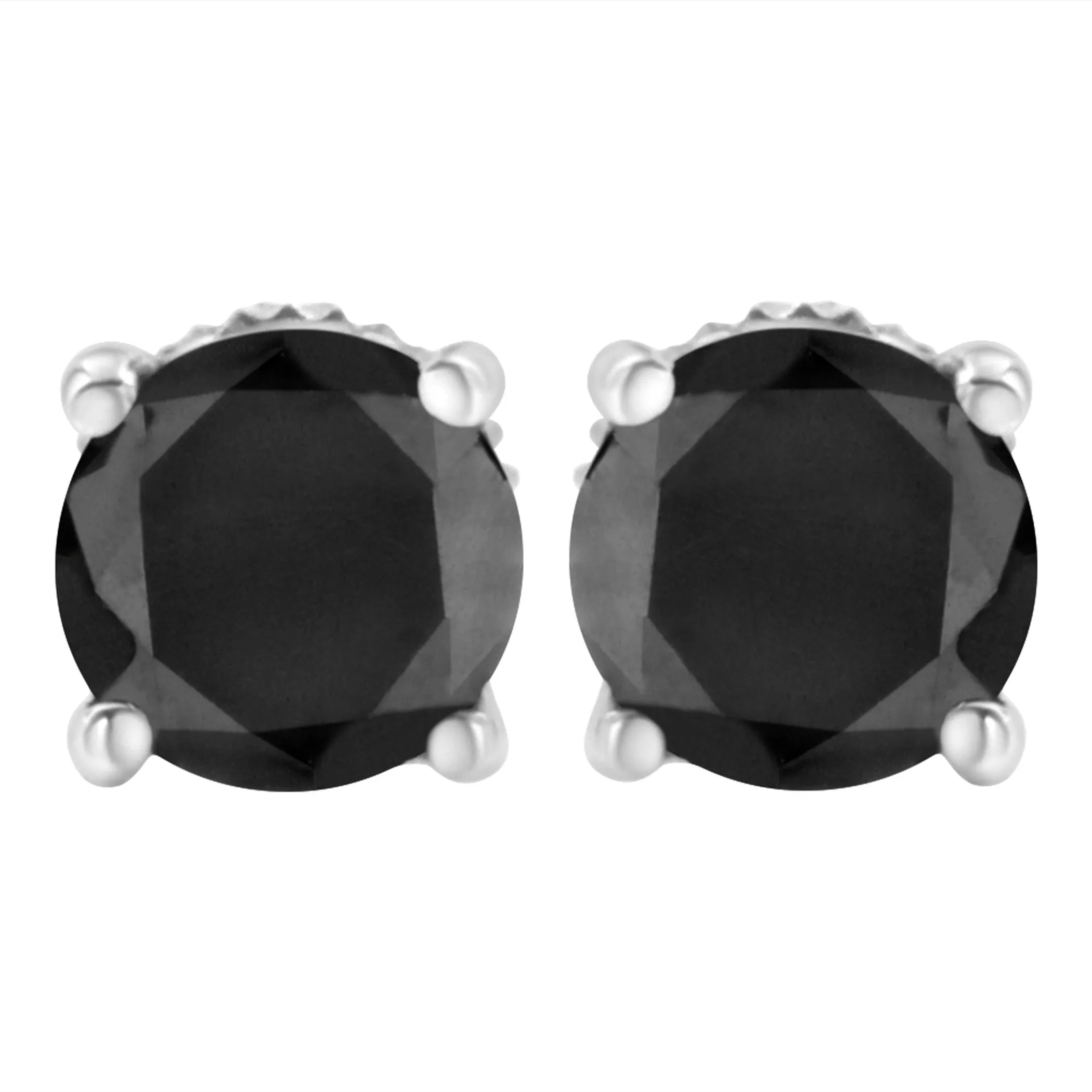 14K White Gold Round Brilliant-Cut Black Diamond Classic 4-Prong Stud Earrings with Screw Backs (Fancy Color-Enhanced, I2-I3 Clarity)