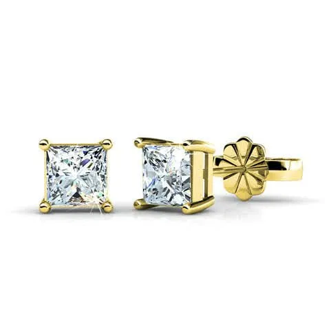 Beautiful 1.00CT Princess Cut Diamond Stud Earrings in 14KT Yellow Gold