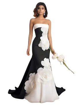 Black And White Flowers Celebrity Mermaid Dresses Contrast Color Formal Evening Gown Custom