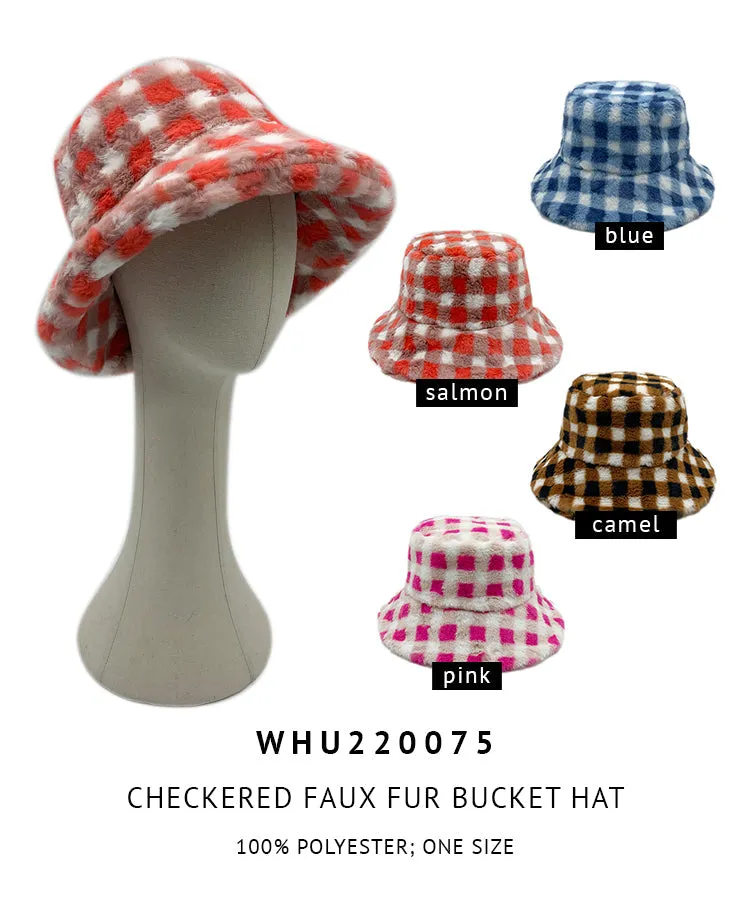 Checkered Faux Fur Bucket Hat