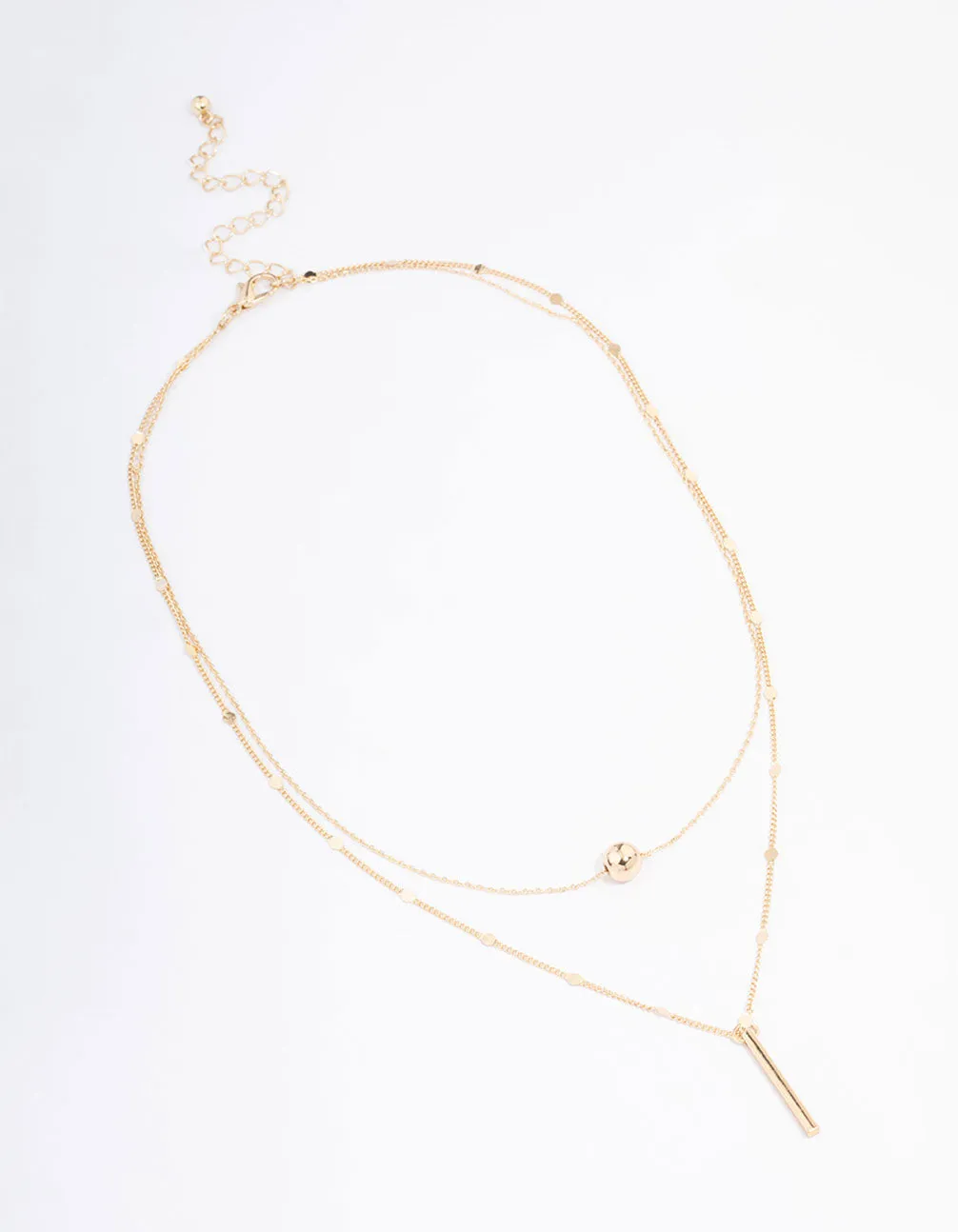 Gold Bar & Ball Double Chain Short Necklace