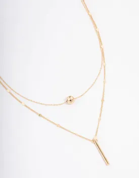 Gold Bar & Ball Double Chain Short Necklace