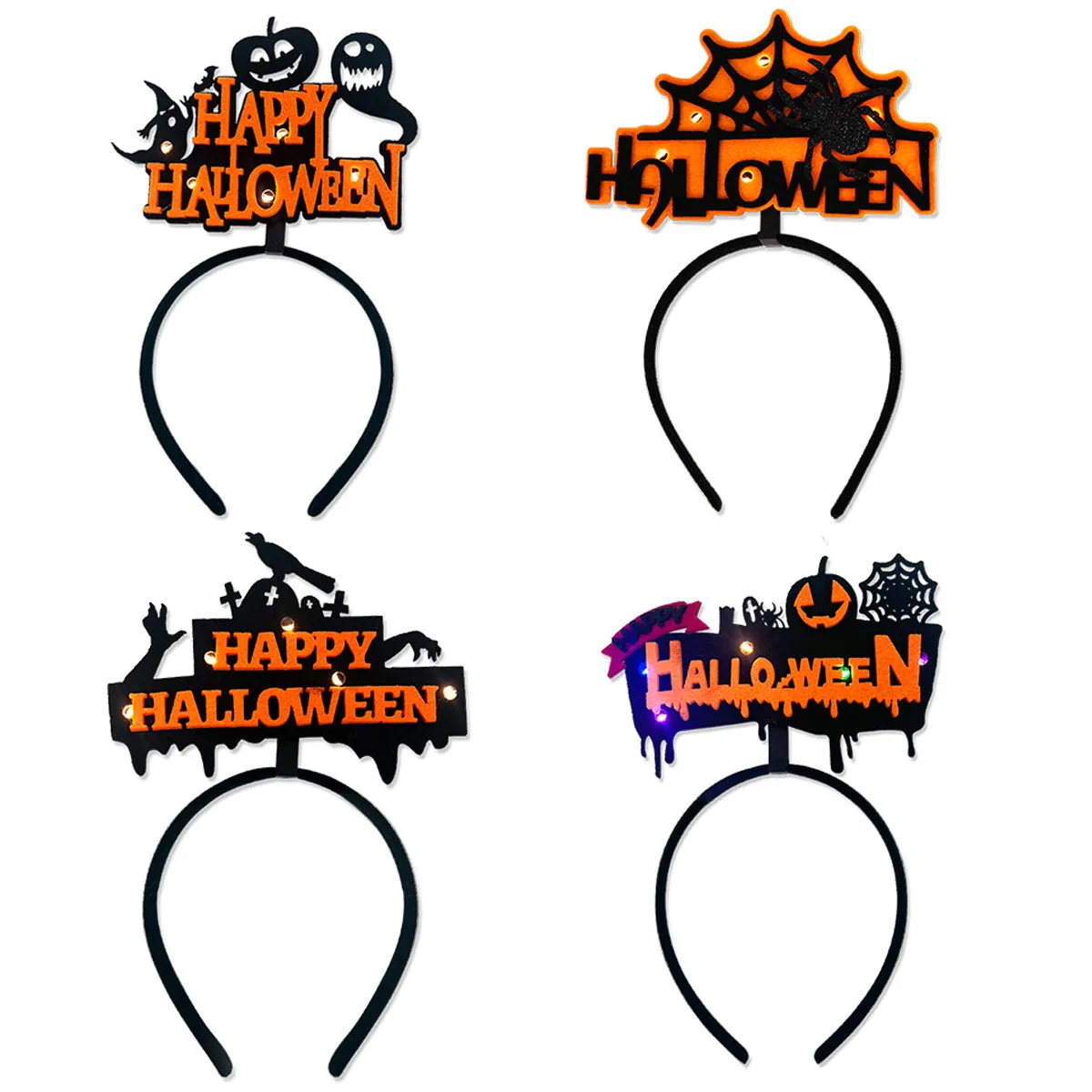 Halloween Headbands - LED Light-Up costume Party Accessories Pumpkin, Graveyard, Dripping Horror, and Spider Web Themes (Pumpkin Ghost)