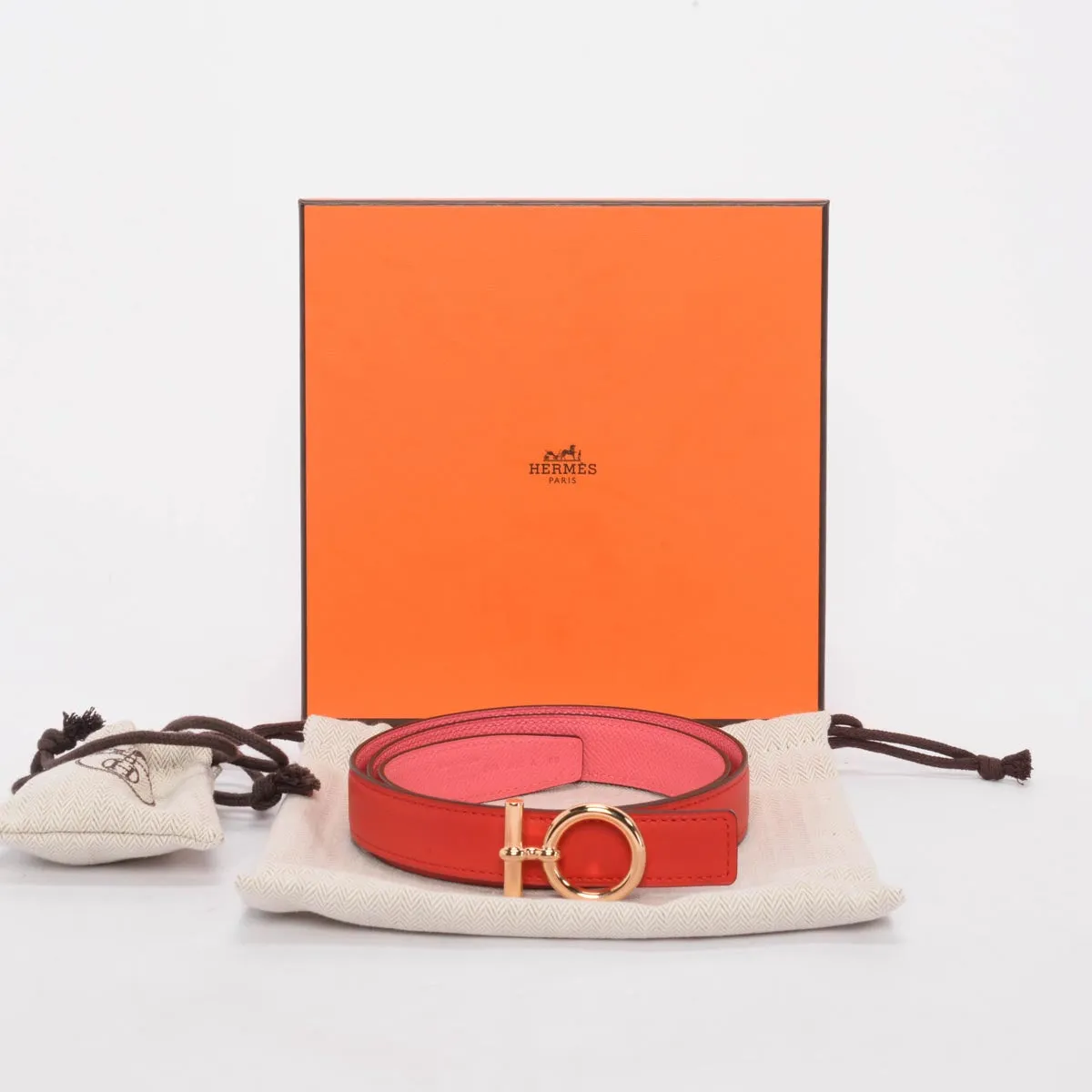 Hermes Rose Azalee & Rouge de Coeur Flot Reversible Belt