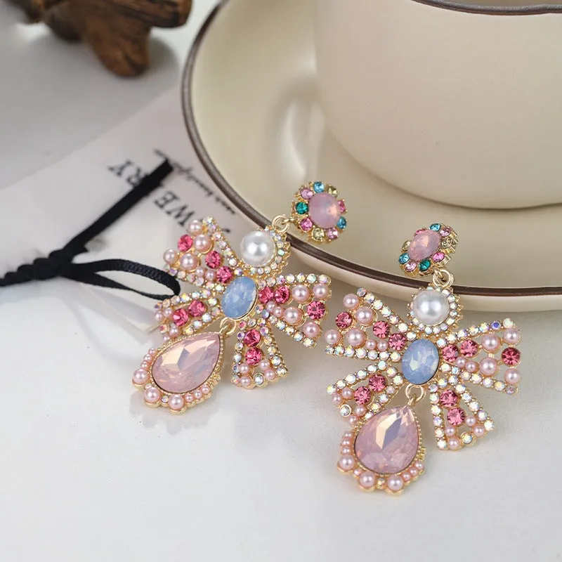 Pre Order:  Pearl Crystal Glass Metal Bow Earrings