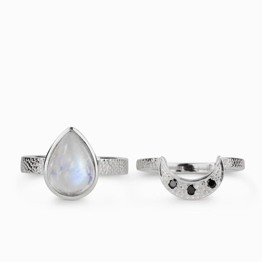 Rainbow Moonstone and Black Diamond Ring