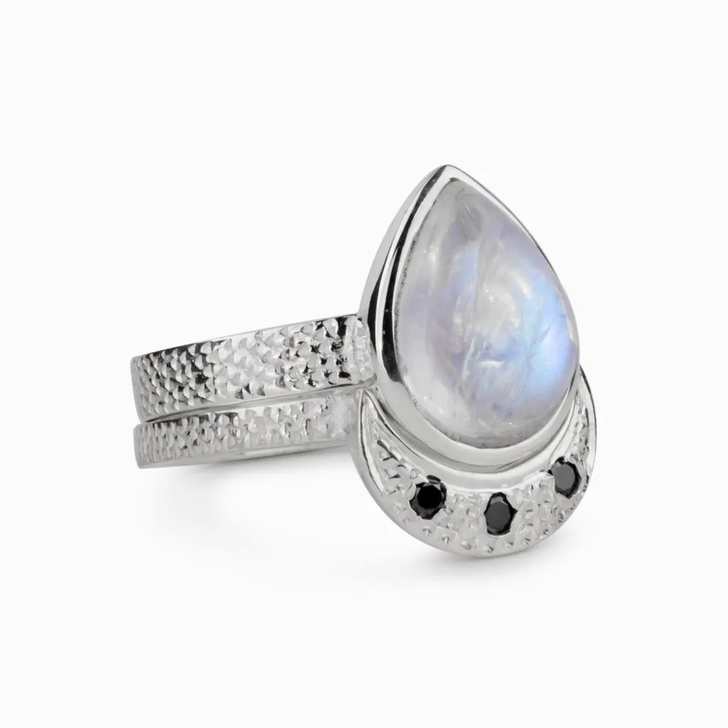 Rainbow Moonstone and Black Diamond Ring