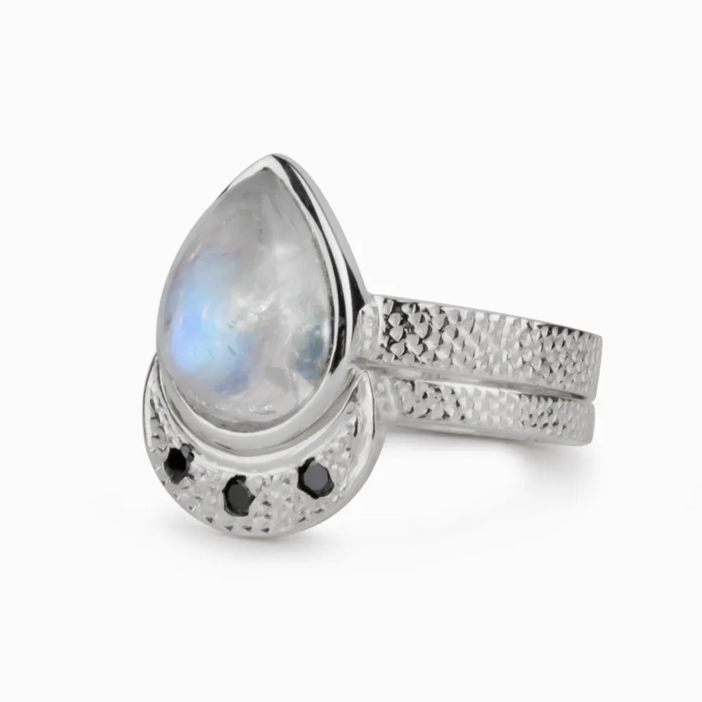 Rainbow Moonstone and Black Diamond Ring